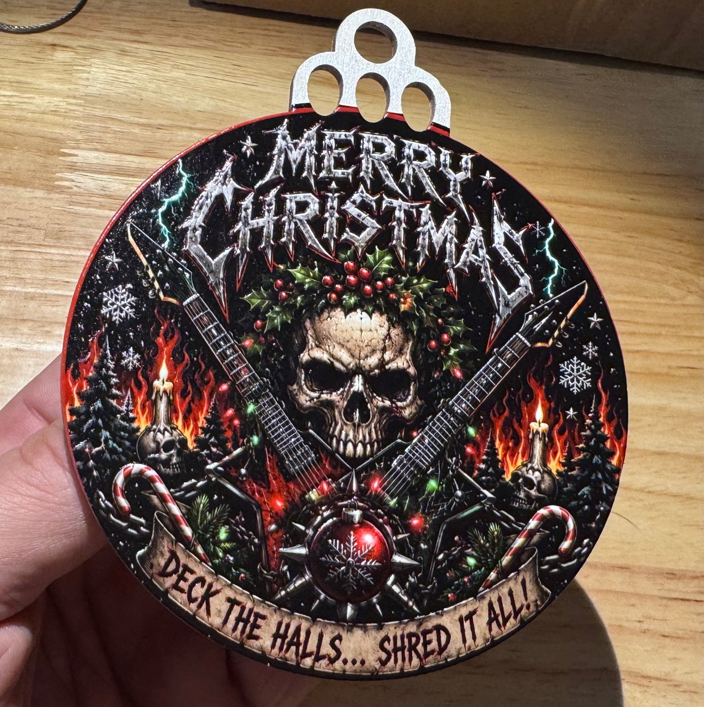 Heavy Metal Wooden Christmas Ornament – 3D UV Printed Skull Guitar Holiday Decor – “Deck the Halls… Shred It All!”