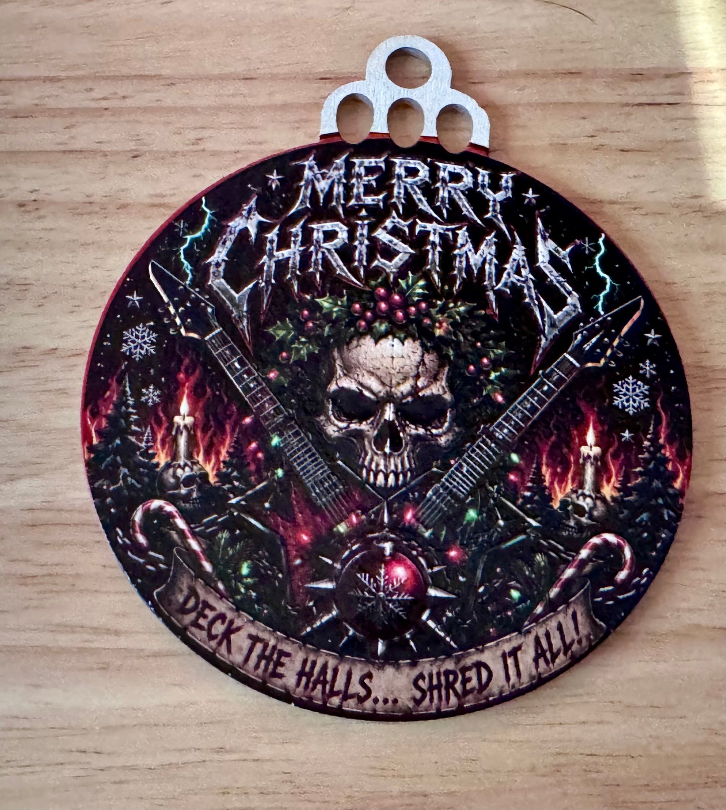 Heavy Metal Wooden Christmas Ornament – 3D UV Printed Skull Guitar Holiday Decor – “Deck the Halls… Shred It All!”