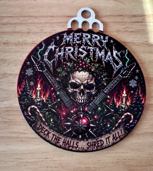 Heavy Metal Wooden Christmas Ornament – 3D UV Printed Skull Guitar Holiday Decor – “Deck the Halls… Shred It All!”